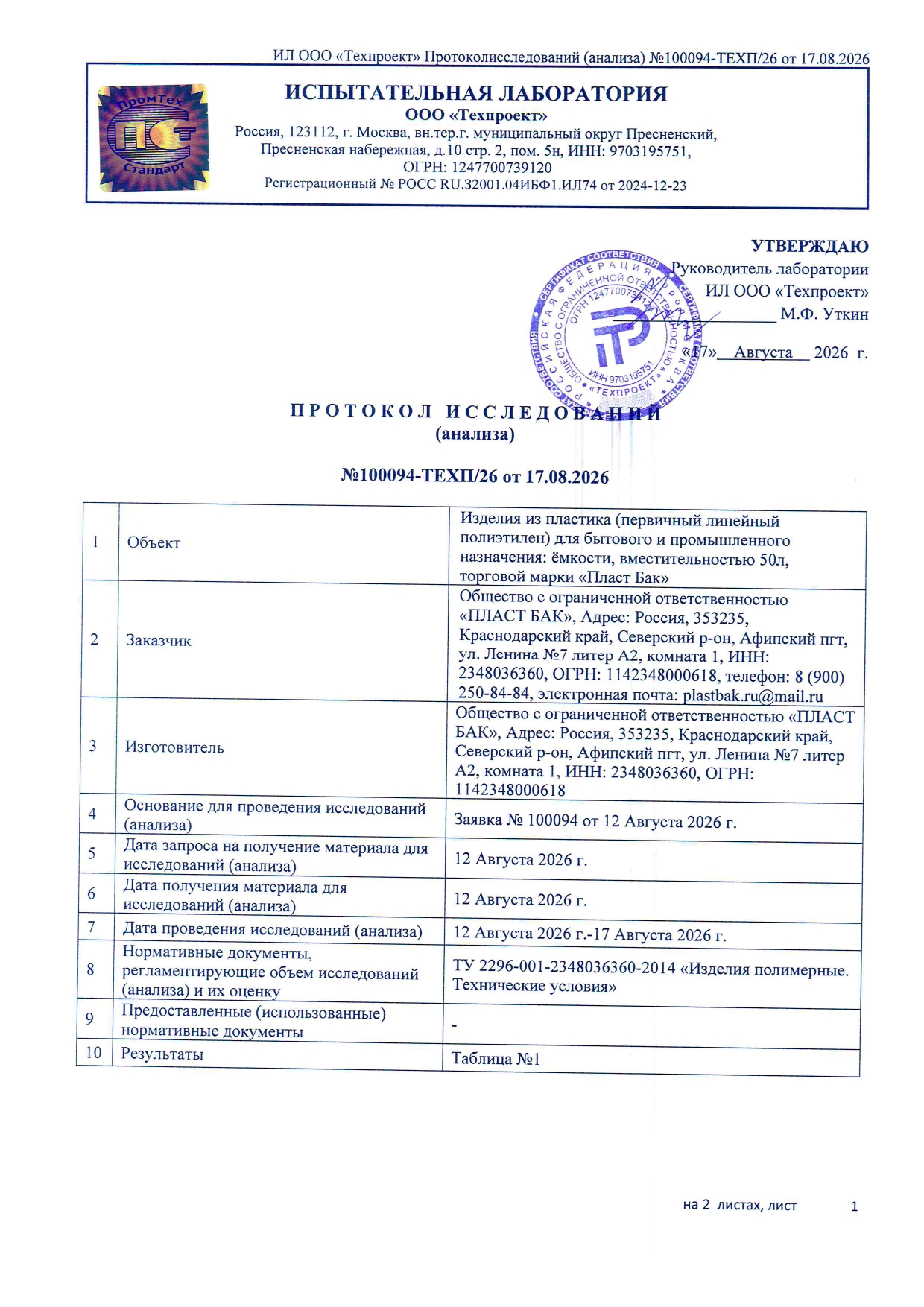 Протокол испытаний